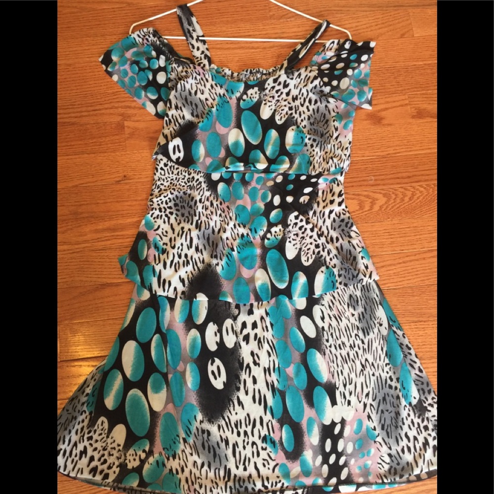 Blue flowy dress with cut out shoulders